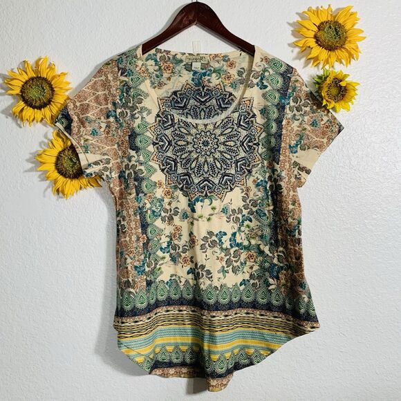 One World Live And Let Live Sublimation Short Sleeve Boho Blouse Sz XL Women’s - Picture 9 of 9